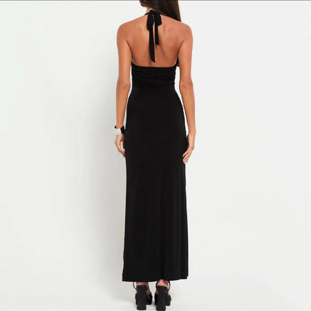 Wings Statement Bodycon Maxi Dress In Black - back shot on model - Miss Mosa By Akanksha