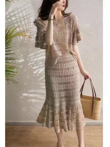 Winona Crochet Coord Set - full-length shot on model, beige - Miss Mosa By Akanksha