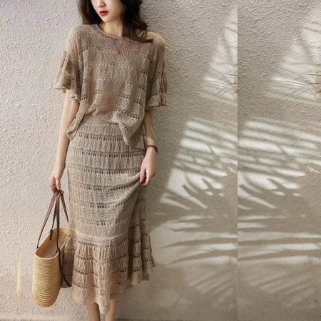 Winona Crochet Coord Set - full-length shot on model, beige - Miss Mosa By Akanksha