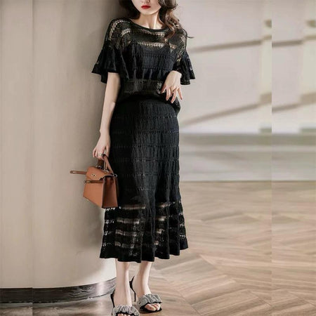 Winona Crochet Coord Set - full-length shot on model, black - Miss Mosa By Akanksha