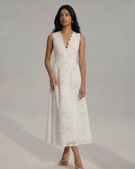Xavier Schiffli Vest Coord Skirt Set - full-length shot, white - Miss Mosa By Akanksha
