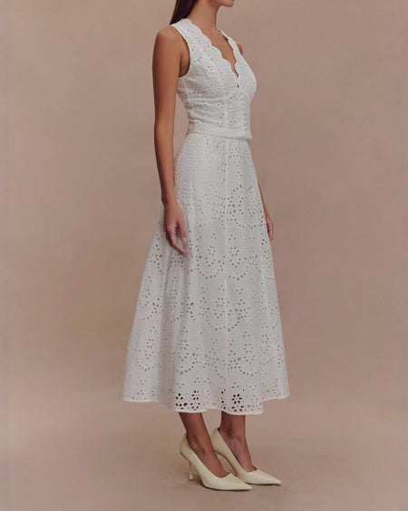 Xavier Schiffli Vest Coord Skirt Set - side shot, white - Miss Mosa By Akanksha
