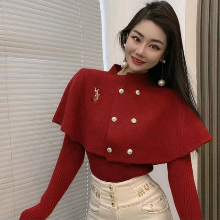 Xenia Sweater With Button Cape - front shot on model, red - Miss Mosa By Akanksha