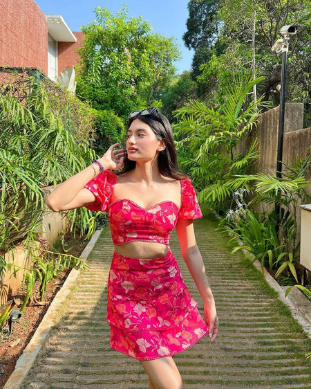 Xyla Coord Set In Pink - lifestyle shot on model, pink - Miss Mosa By Akanksha