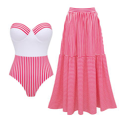 Yadira Stripe Swimsuit With Skirt - flat-lay shot, red and white stripe with white bust - Miss Mosa By Akanksha