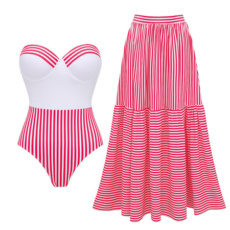 Yadira Stripe Swimsuit With Skirt - flat-lay shot, red and white stripe with white bust - Miss Mosa By Akanksha