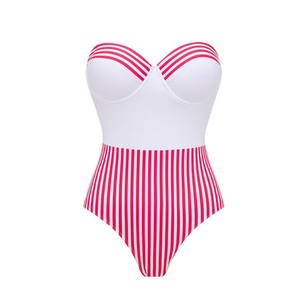 Yadira Stripe Swimsuit With Skirt - back shot, red and white stripe with white bust - Miss Mosa By Akanksha