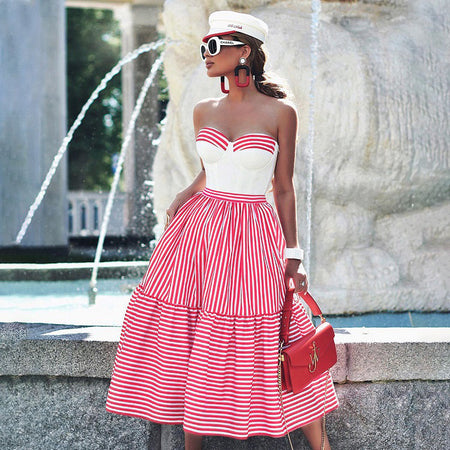 Yadira Stripe Swimsuit With Skirt - styled shot, red and white stripe with white bust top - Miss Mosa By Akanksha