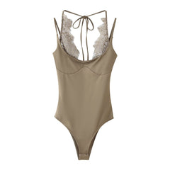 Yana Lace Bodysuit - flat-lay shot, taupe - Miss Mosa By Akanksha