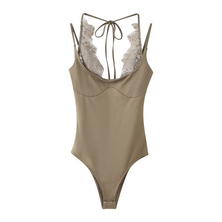 Yana Lace Bodysuit - flat-lay shot, taupe - Miss Mosa By Akanksha