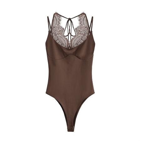 Yana Lace Bodysuit - flat-lay shot, brown - Miss Mosa By Akanksha