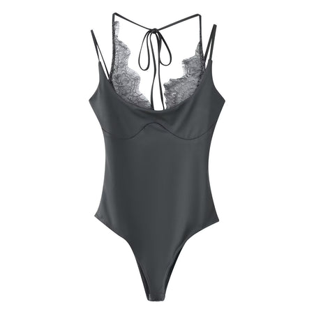 Yana Lace Bodysuit - flat-lay shot, charcoal grey - Miss Mosa By Akanksha