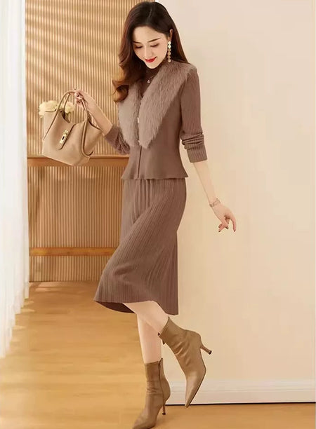 Yaren Woolen Dress With Fur Vest Top - full-length shot on model, mocha brown - Miss Mosa By Akanksha