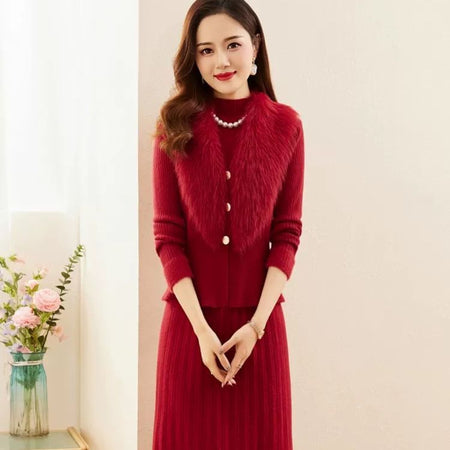 Yaren Woolen Dress With Fur Vest Top - front shot on model, red - Miss Mosa By Akanksha