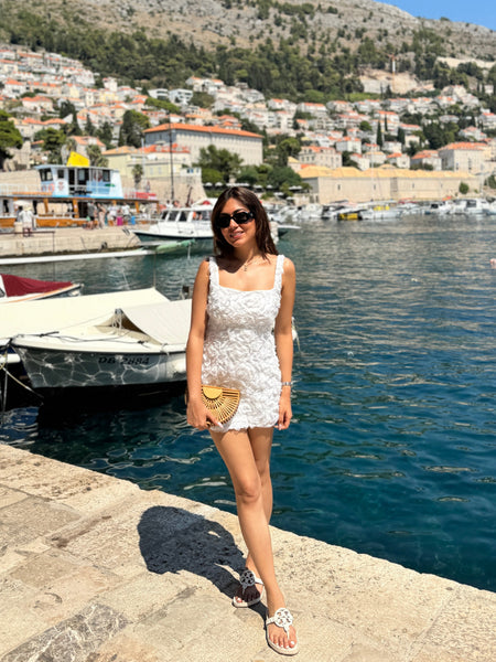 Yarley Statement Jute Bag In Brown - lifestyle shot on model, white - Miss Mosa By Akanksha