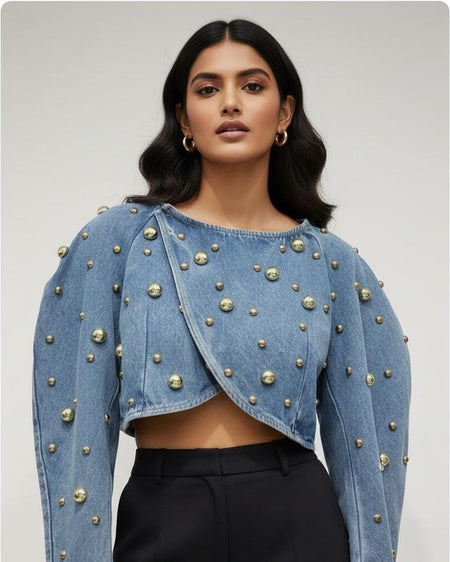 Yasmin Embellished Denim Blouse - front shot on model, blue denim - Miss Mosa By Akanksha