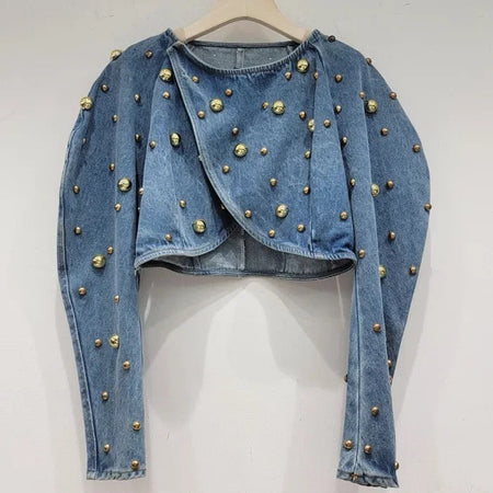 Yasmin Embellished Denim Blouse - flat-lay product shot of blouse on hanger, blue denim - Miss Mosa By Akanksha