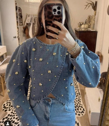 Yasmin Embellished Denim Blouse - front shot on model, blue denim - Miss Mosa By Akanksha