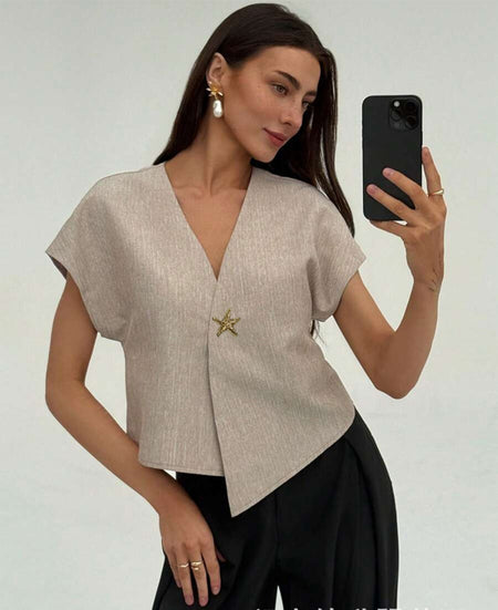 Yasmine Statement Top In Beige - front shot on model - Miss Mosa By Akanksha