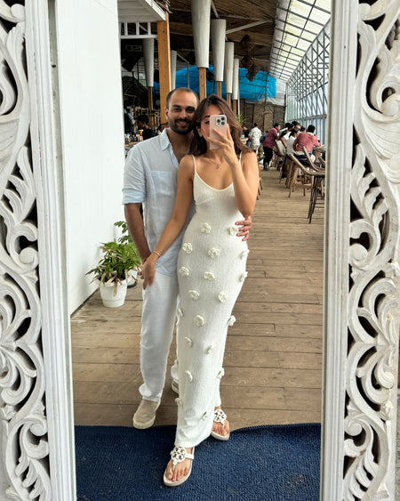 Yazu Rosette Premium Maxi Dress in White - lifestyle shot on model, white - Miss Mosa By Akanksha