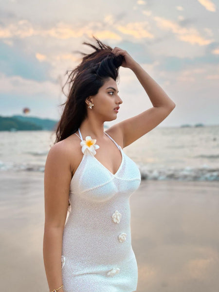 Yazu Rosette Premium Maxi Dress in White - side shot on model, white - Miss Mosa By Akanksha