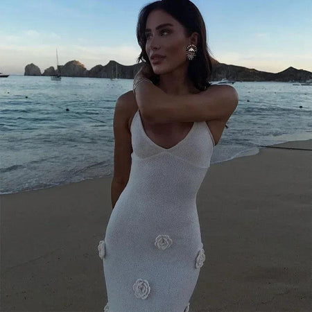 Yazu Rosette Premium Maxi Dress in White - front shot on model, white - Miss Mosa By Akanksha