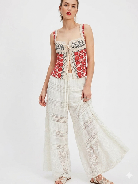 Yui Lace Printed Top - back shot, red and black floral on cream - Miss Mosa By Akanksha