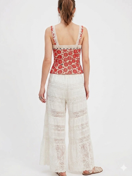 Yui Lace Printed Top - front detail shot, red and black floral on cream - Miss Mosa By Akanksha