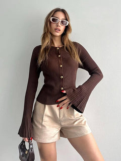 Zafira Knitted Cardigan - front shot on model, brown - Miss Mosa By Akanksha