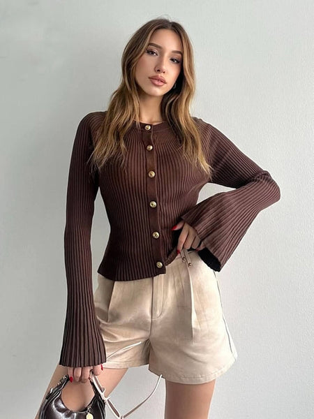 Zafira Knitted Cardigan - front shot on model, brown - Miss Mosa By Akanksha