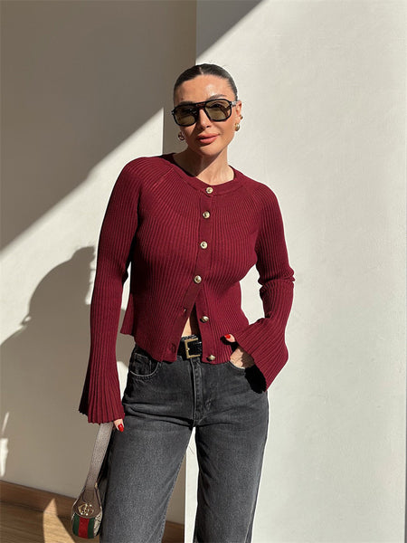 Zafira Knitted Cardigan - front shot on model, burgundy - Miss Mosa By Akanksha