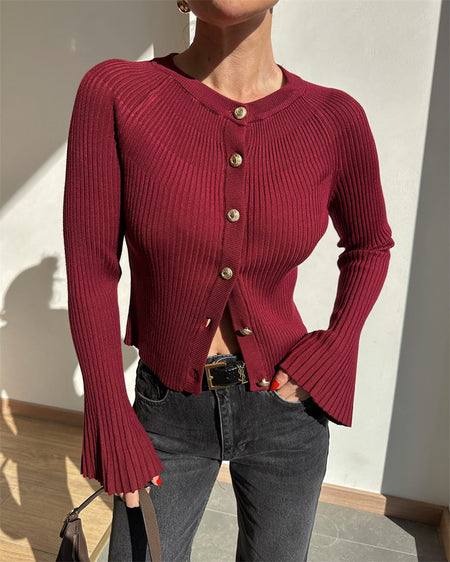 Zafira Knitted Cardigan - front shot on model, burgundy - Miss Mosa By Akanksha