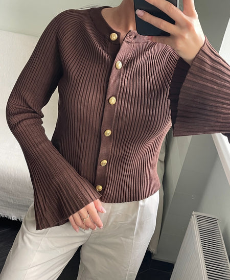 Zafira Knitted Cardigan - close-up shot on model of ribbed knit and buttons, brown - Miss Mosa By Akanksha