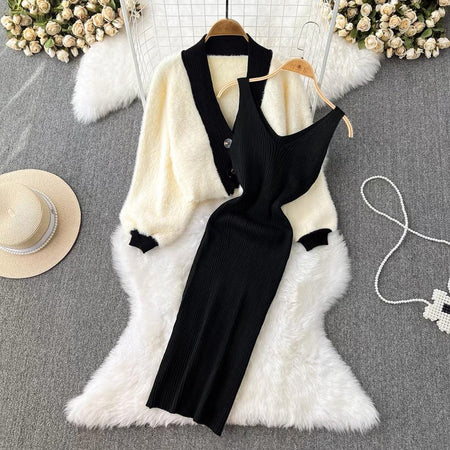 Zaisha Set of Dress and Cardigan In Beige - styled flat-lay shot, multicolour - Miss Mosa By Akanksha