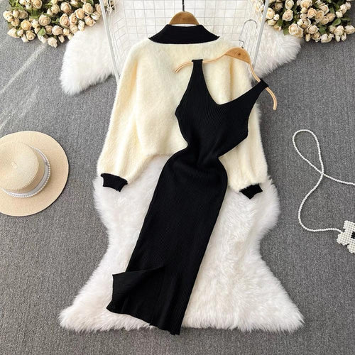 Zaisha Set of Dress and Cardigan In Beige