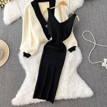 Zaisha Set of Dress and Cardigan In Beige - styled flat-lay shot, black - Miss Mosa By Akanksha