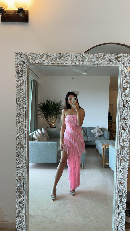 Zanzi Ruffled Bodycon Dress - full-length shot on model, pink - Miss Mosa By Akanksha
