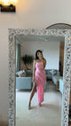 Zanzi Ruffled Bodycon Dress - full-length shot on model, pink - Miss Mosa By Akanksha