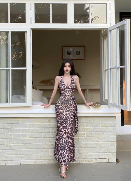 Zaria Leopard Print Bodycon Maxi Dress In Brown - full-length front shot on model - Miss Mosa By Akanksha