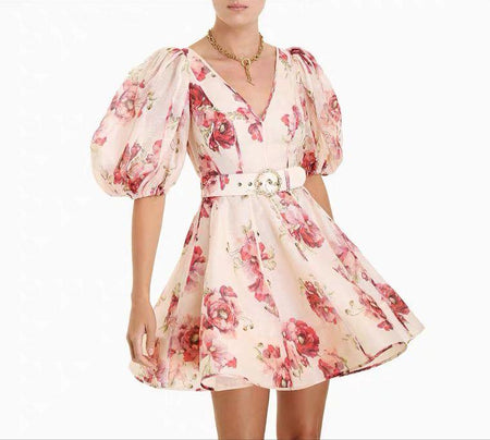 Zariah Luxe Belted Statement Dress In Peach - front shot on model, pink - Miss Mosa By Akanksha