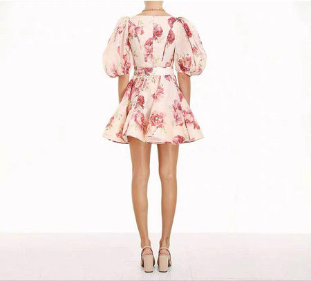 Zariah Luxe Belted Statement Dress In Peach - back shot on model, pink - Miss Mosa By Akanksha