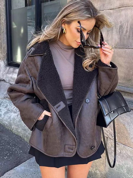 Zavi Faux Leather Fleece Lined Warm Coat - front shot on model outdoors, dark brown - Miss Mosa By Akanksha