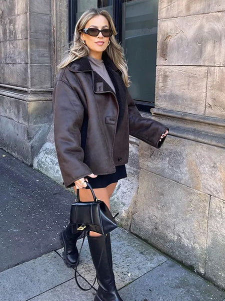 Zavi Faux Leather Fleece Lined Warm Coat - front shot on model outdoors, brown - Miss Mosa By Akanksha