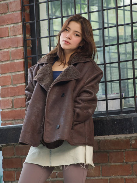 Zavi Faux Leather Fleece Lined Warm Coat - front shot on model, brown - Miss Mosa By Akanksha
