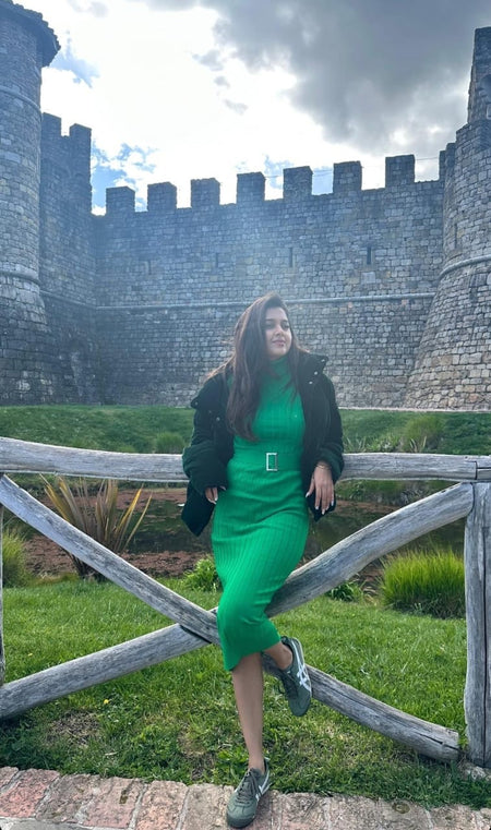 Zavi Woolen Bodycon Dress - lifestyle shot on model, green - Miss Mosa By Akanksha
