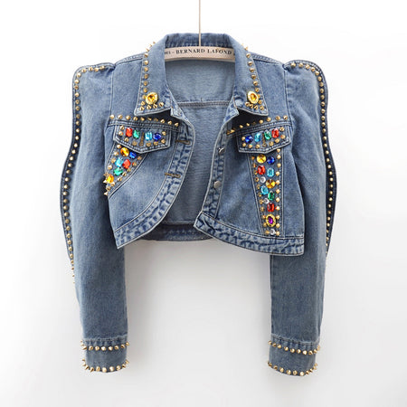 Zele Embellished Denim Jacket - front shot, light blue denim - Miss Mosa By Akanksha