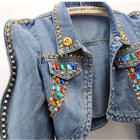 Zele Embellished Denim Jacket - front detail shot, light blue denim - Miss Mosa By Akanksha