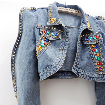 Zele Embellished Denim Jacket - front shot, light blue denim - Miss Mosa By Akanksha