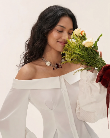 Zelie Off Shoulder Top - styled shot, white - Miss Mosa By Akanksha