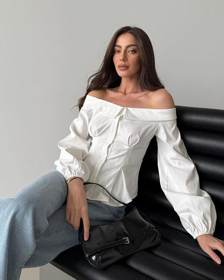 Zelie Off Shoulder Top - seated shot, white - Miss Mosa By Akanksha